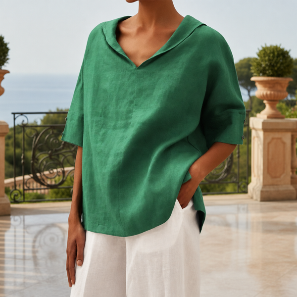 Malaga Linen V-Neck Blouse in Green