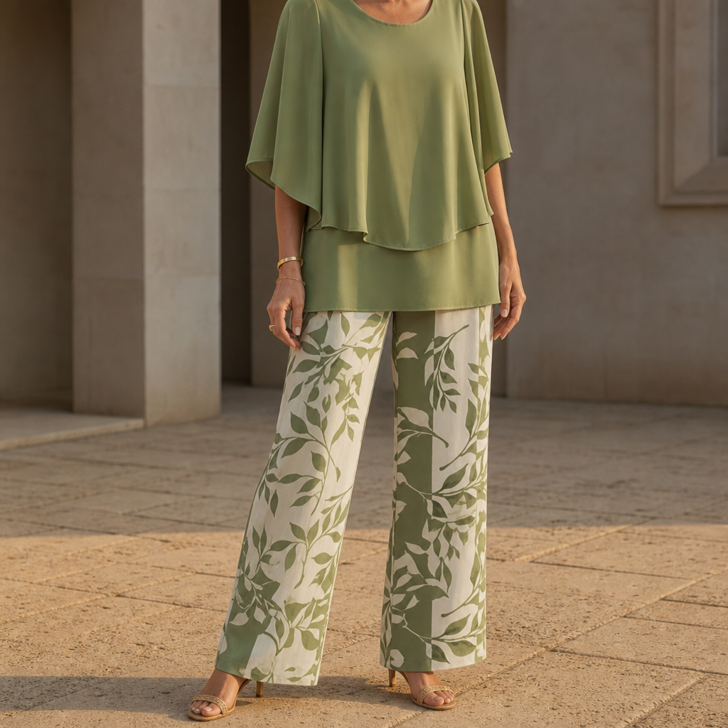 Bellagio Floral Chiffon Two-Piece Set in Green