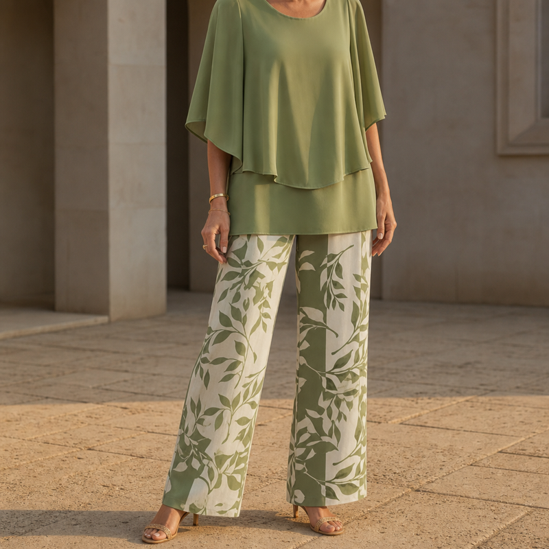 Bellagio Floral Chiffon Two-Piece Set in Green