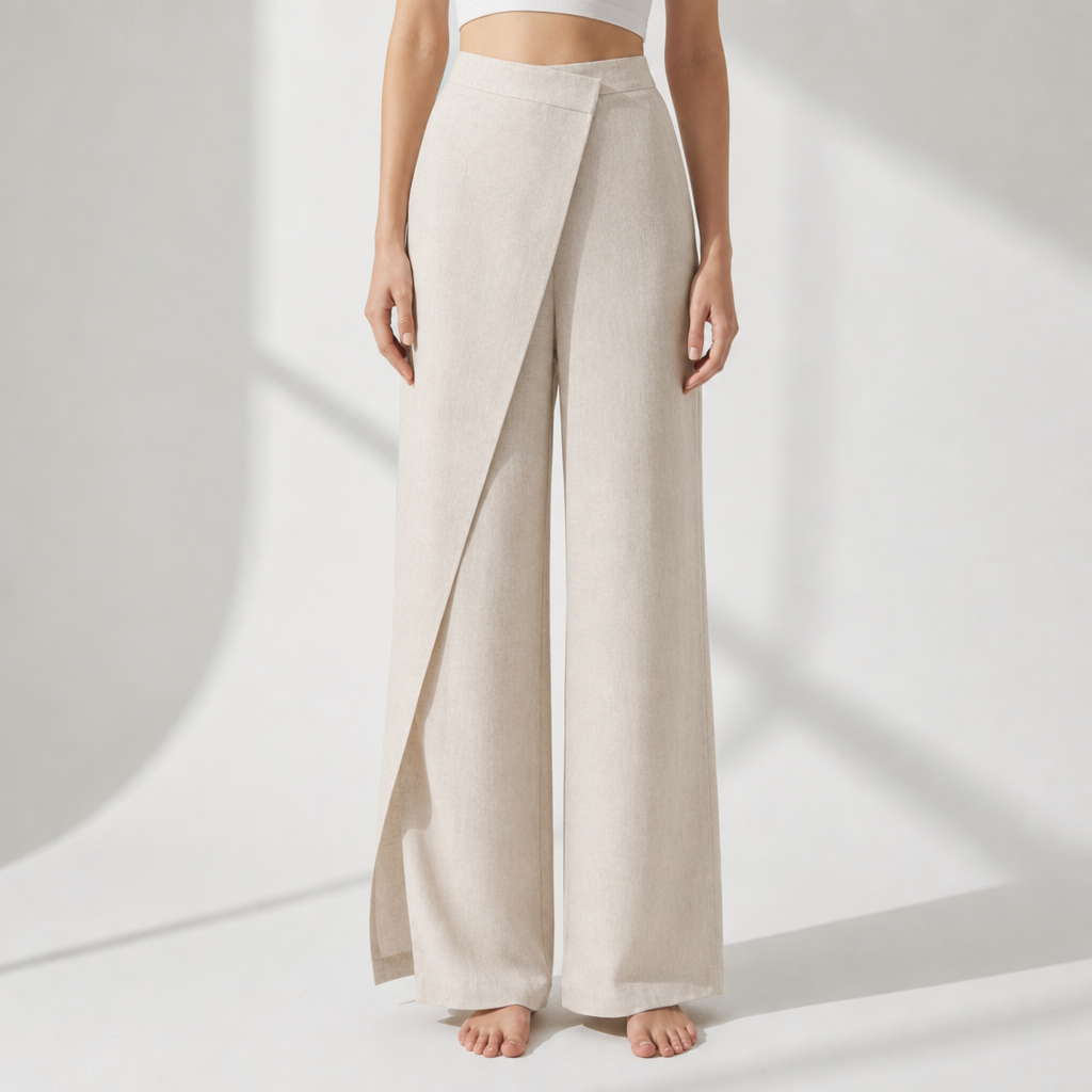 Mijas Asymmetric Wrap Wide-Leg Pants in Apricot