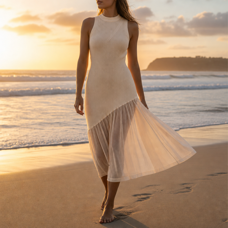 Cartagena Ribbed Mesh Maxi Dress in Apricot