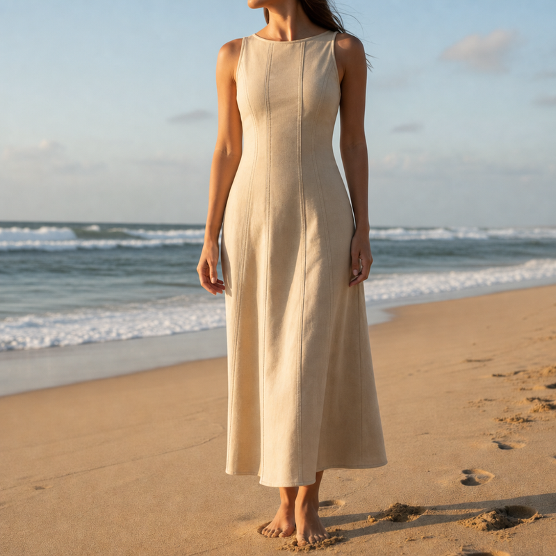 Ithaca Panel Seam Midi Dress in Apricot