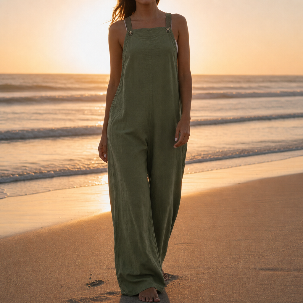 Biot Linen Bib Overall Jumpsuit in Army Green