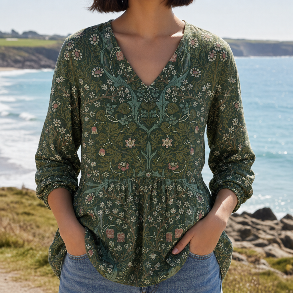Sitges Vintage Floral Tunic Blouse in Floral Green