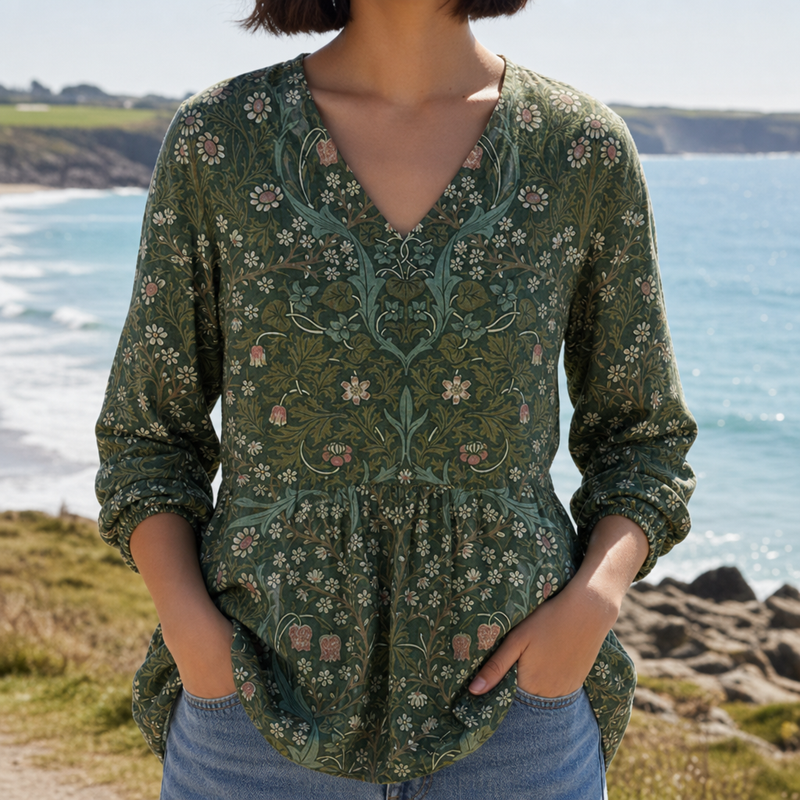 Sitges Vintage Floral Tunic Blouse in Floral Green