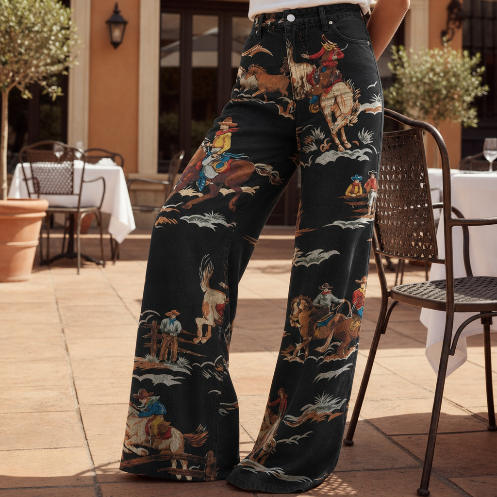 Guimaraes Western Print Wide-Leg Pants in Black