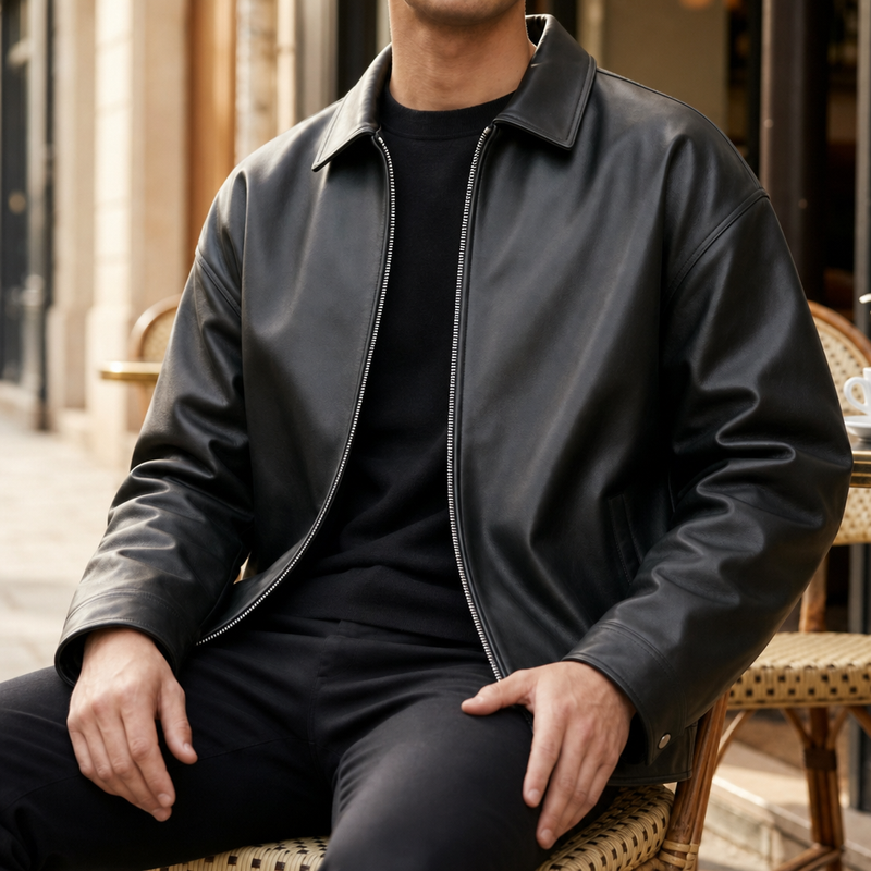 Pisa Oversized Leather Bomber in Black