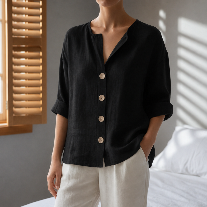 Spetses Linen Button-Up Blouse in Black