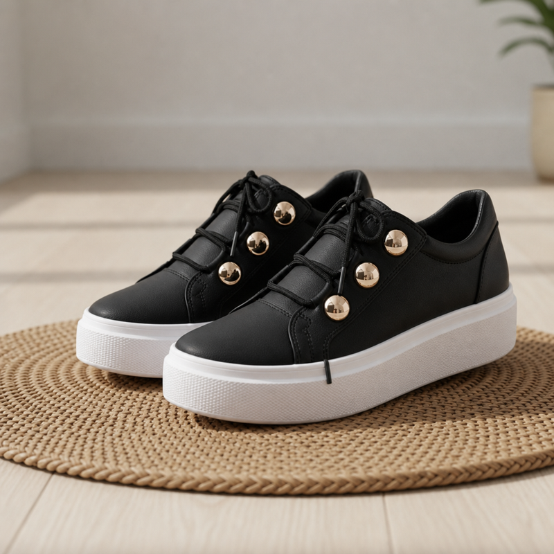Aveiro Orthopedic Gold-Stud Sneakers in Black