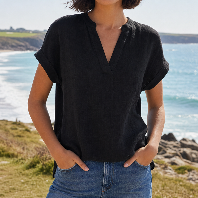 Sagres Notched V-Neck Blouse in Black