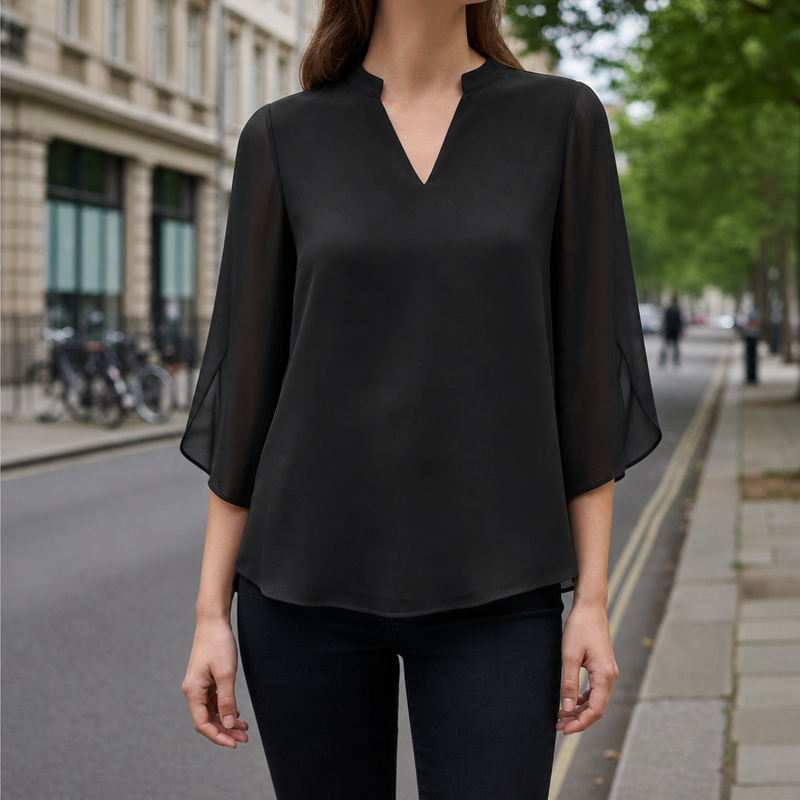 Gordes Flared Sleeve Chiffon Blouse in Black