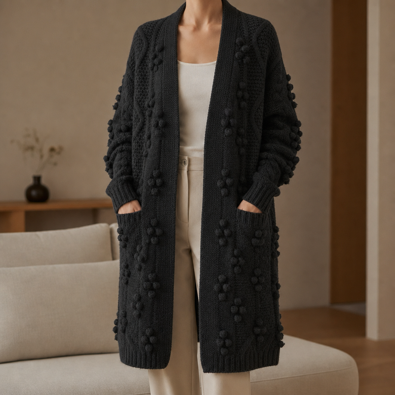 Chianti Pom Pom Knit Cardigan in Black