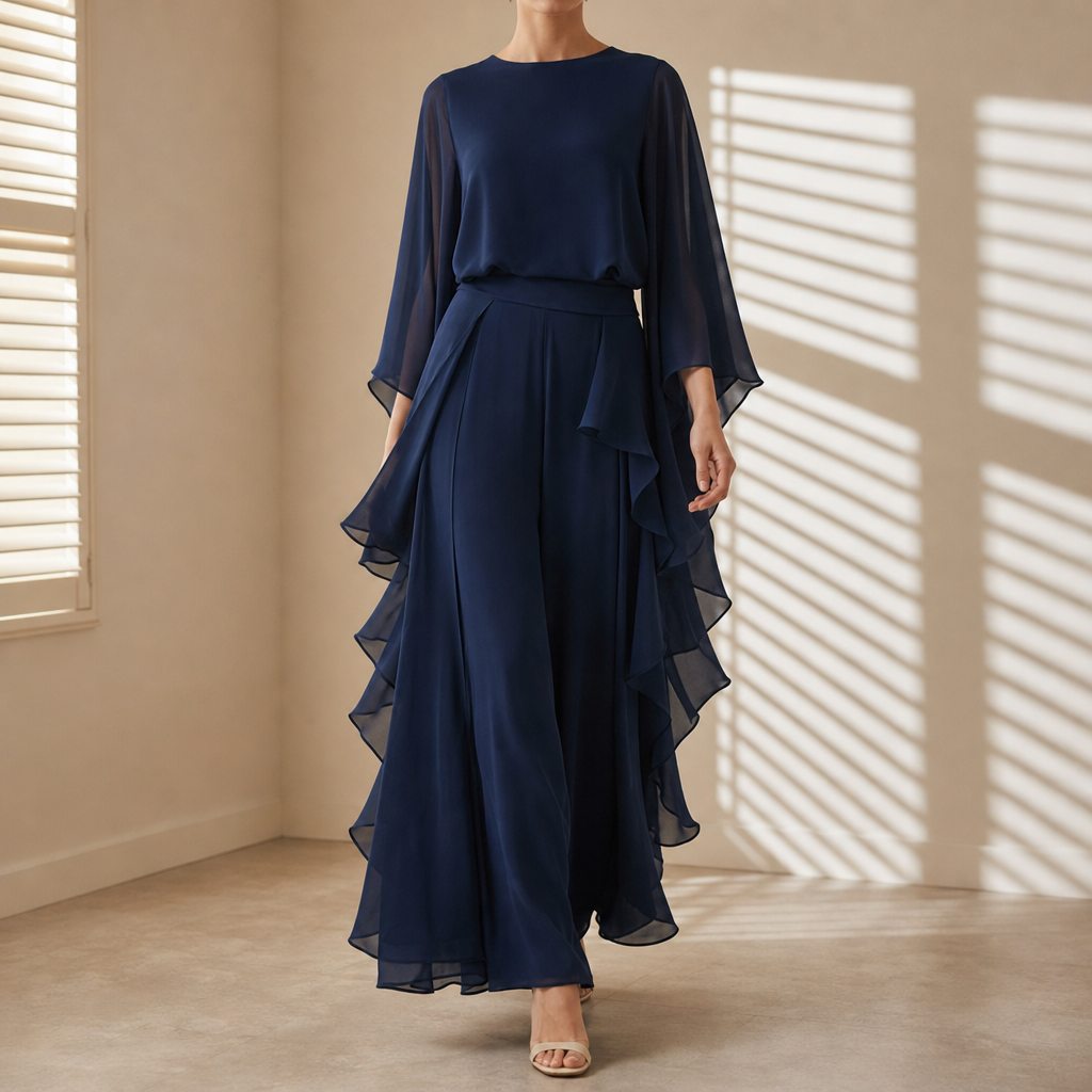 Syros Ruffle Chiffon Two-Piece Set in Blue