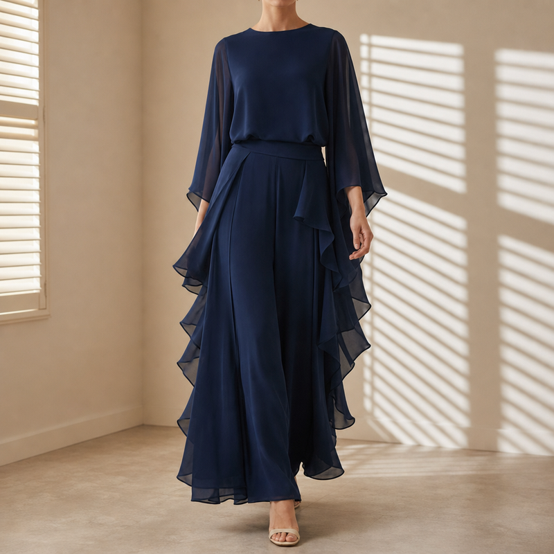 Syros Ruffle Chiffon Two-Piece Set in Blue