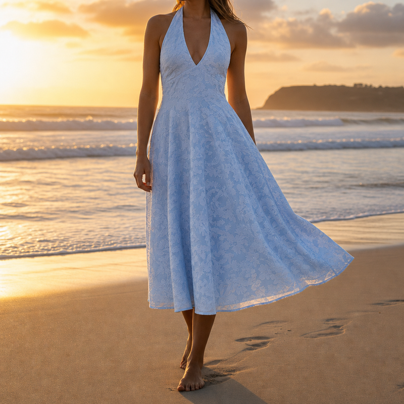 Verona Jacquard Halter Midi Dress in Blue