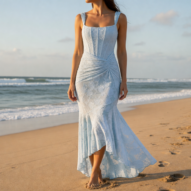 Sperlonga Lace High-Low Mermaid Dress in Blue