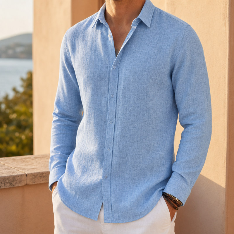 Menton Linen Button-Up Shirt in Blue