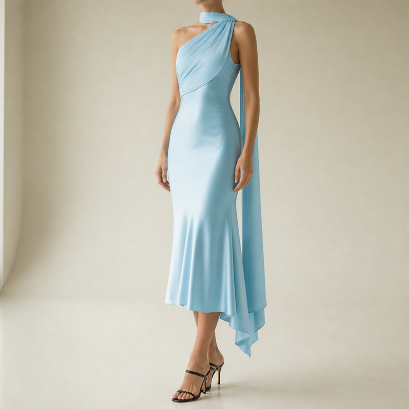 Pollensa Satin Mermaid Midi Dress in Blue