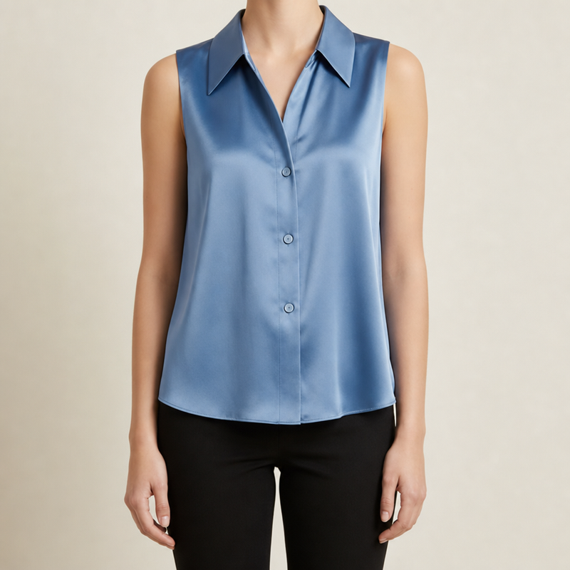 Begur Satin Sleeveless Blouse in Blue