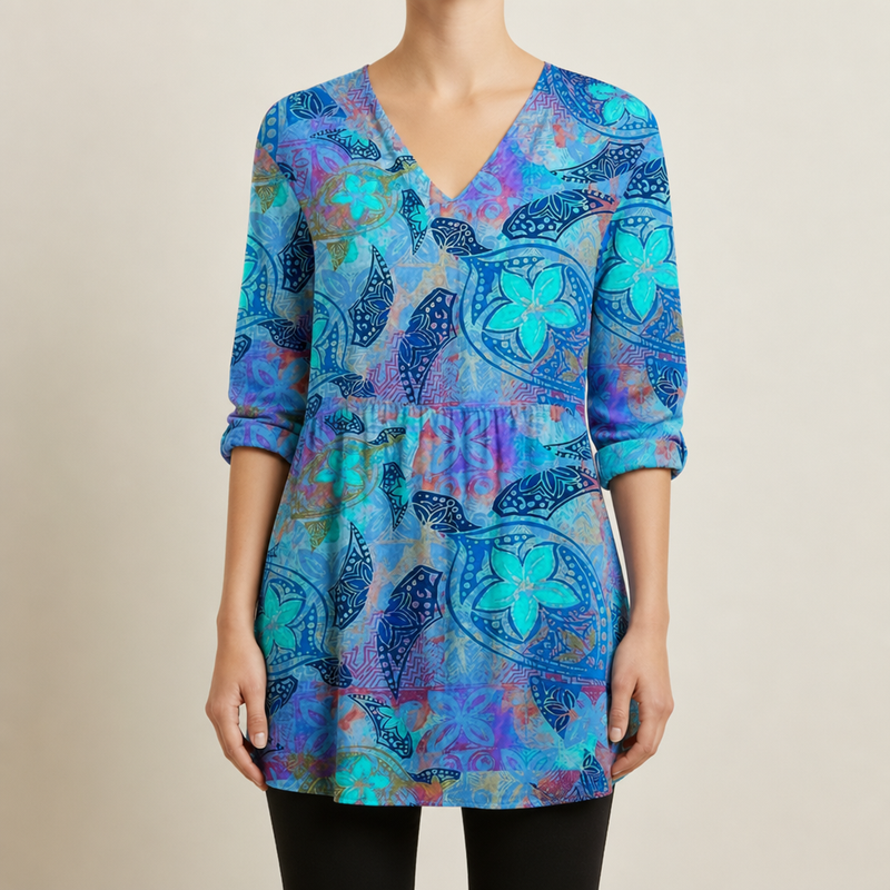 Marvao Floral Print Tunic Blouse in Blue