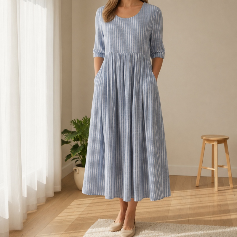 Monsaraz Striped Pleated Midi Dress in Blue