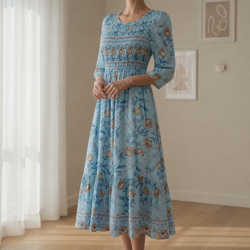 Makarska Smocked Floral Midi Dress in Blue