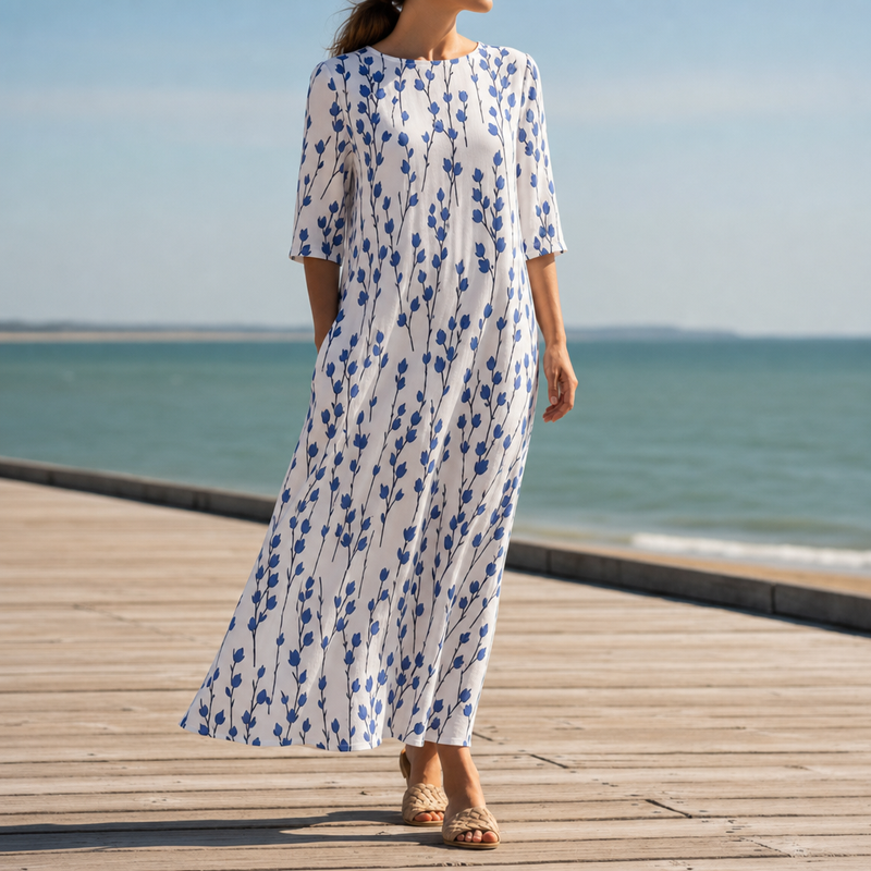 Antequera Floral Print Midi Dress in Blue