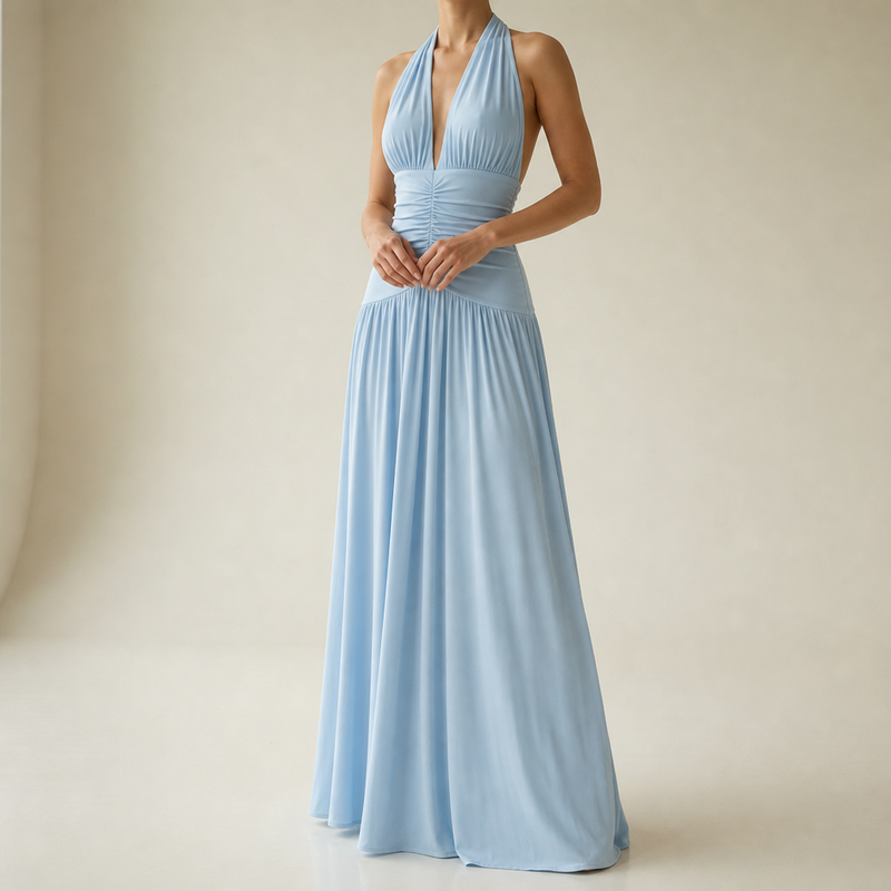 Anzio Ruched Halter Maxi Dress in Blue