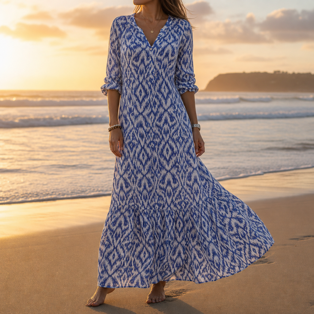 Toledo Ikat Print Maxi Dress in Blue