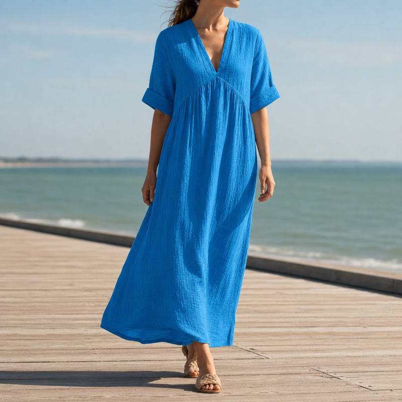 Biot Linen V-Neck Maxi Dress in Blue
