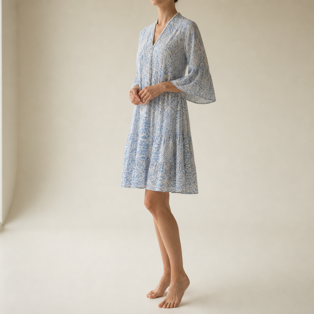 Bergamo Paisley Bell Sleeve Dress in Blue