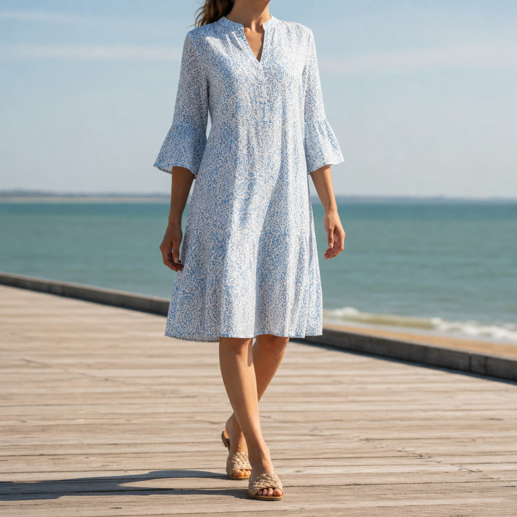 Sete Paisley Print Bell-Sleeve Dress in Blue