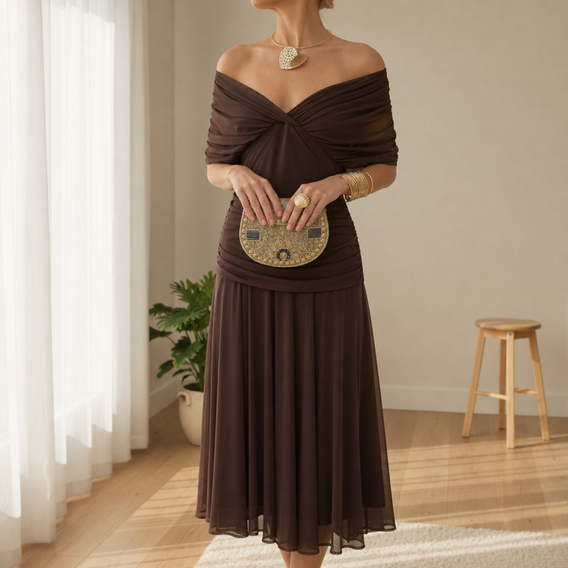 Sibenik Floral Off-Shoulder Midi Dress in Brown