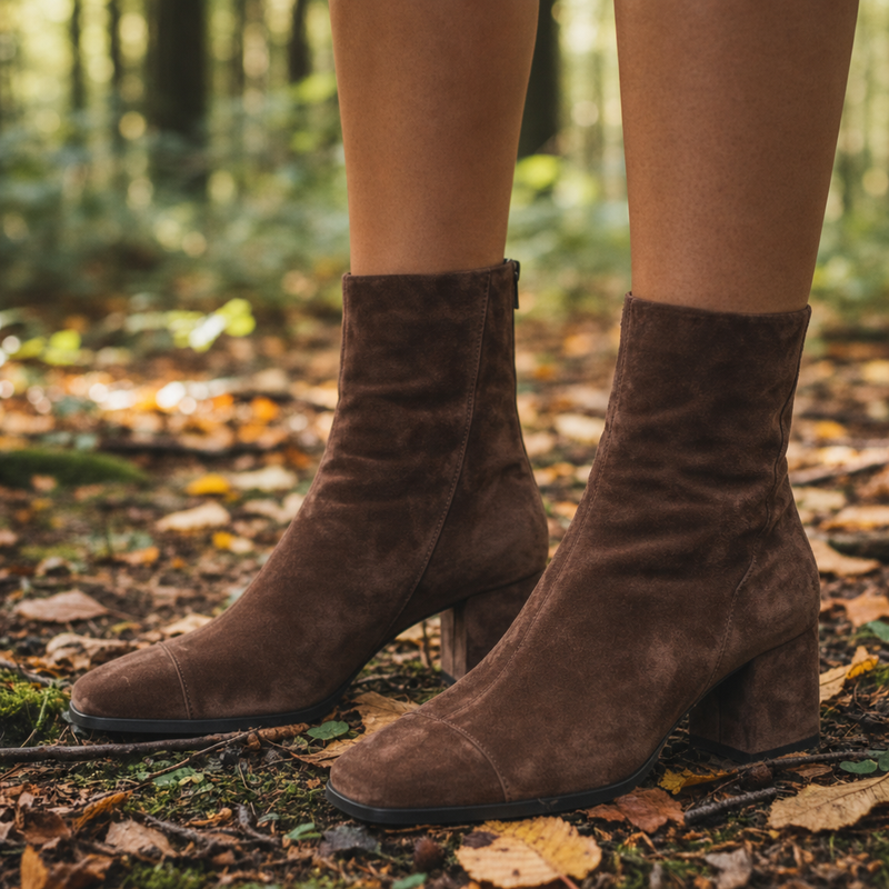 Andros Suede Block Heel Boots in Brown