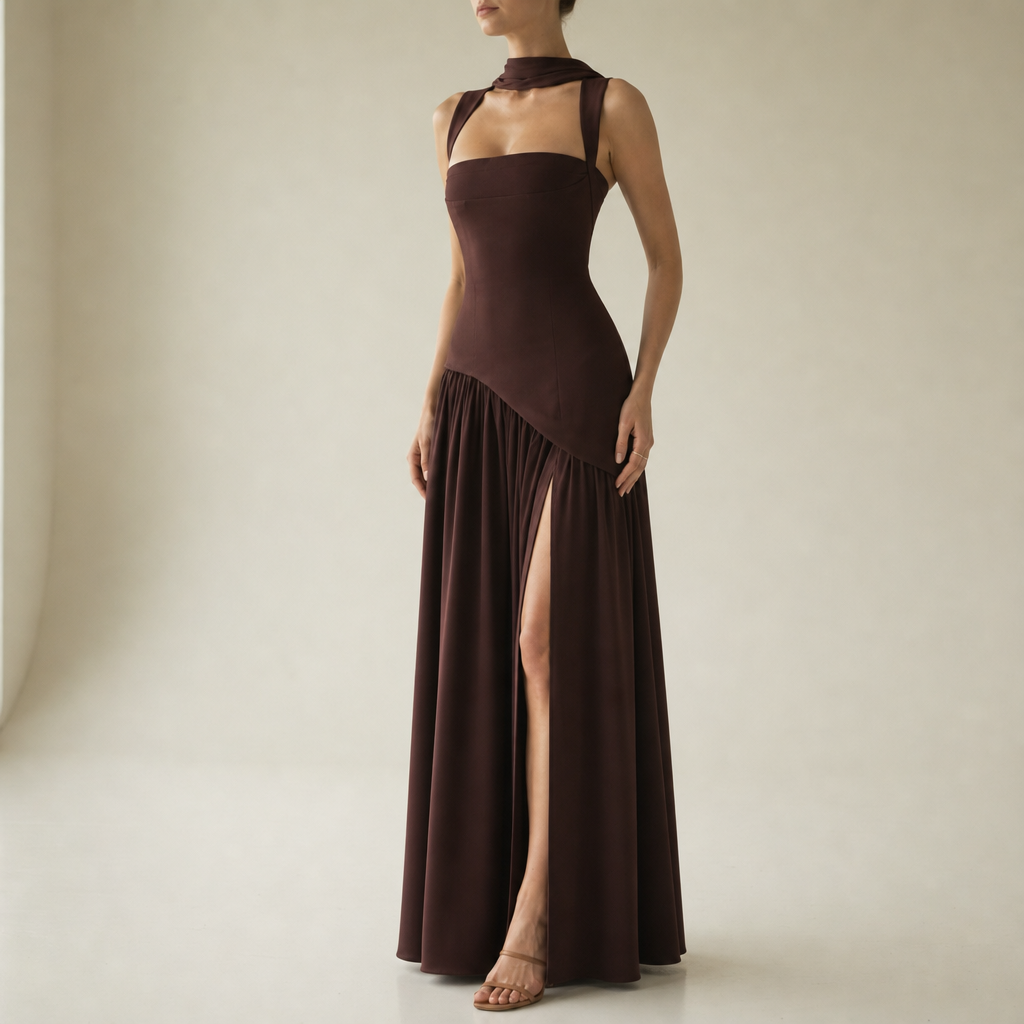 Arles Ruched Halter Maxi Dress in Brown