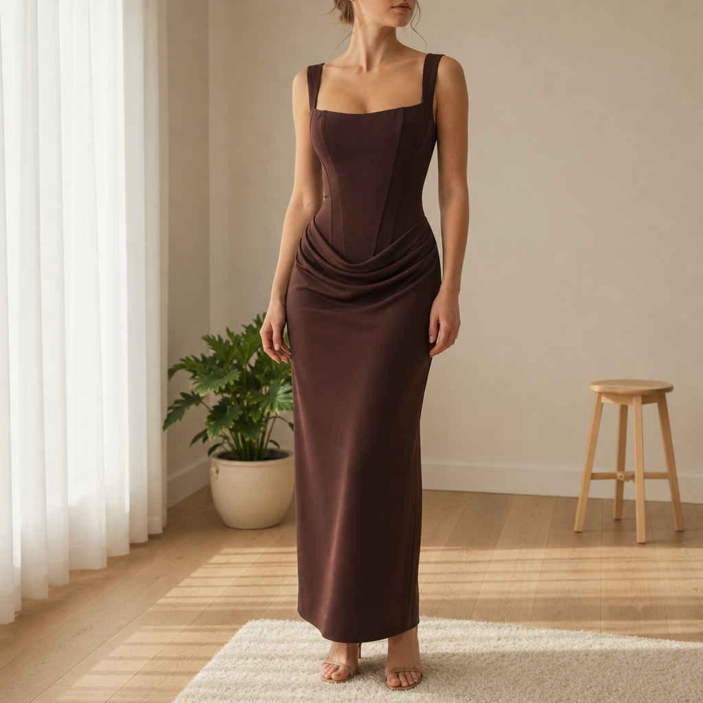 Alicante Corset Ruched Maxi Dress in Brown