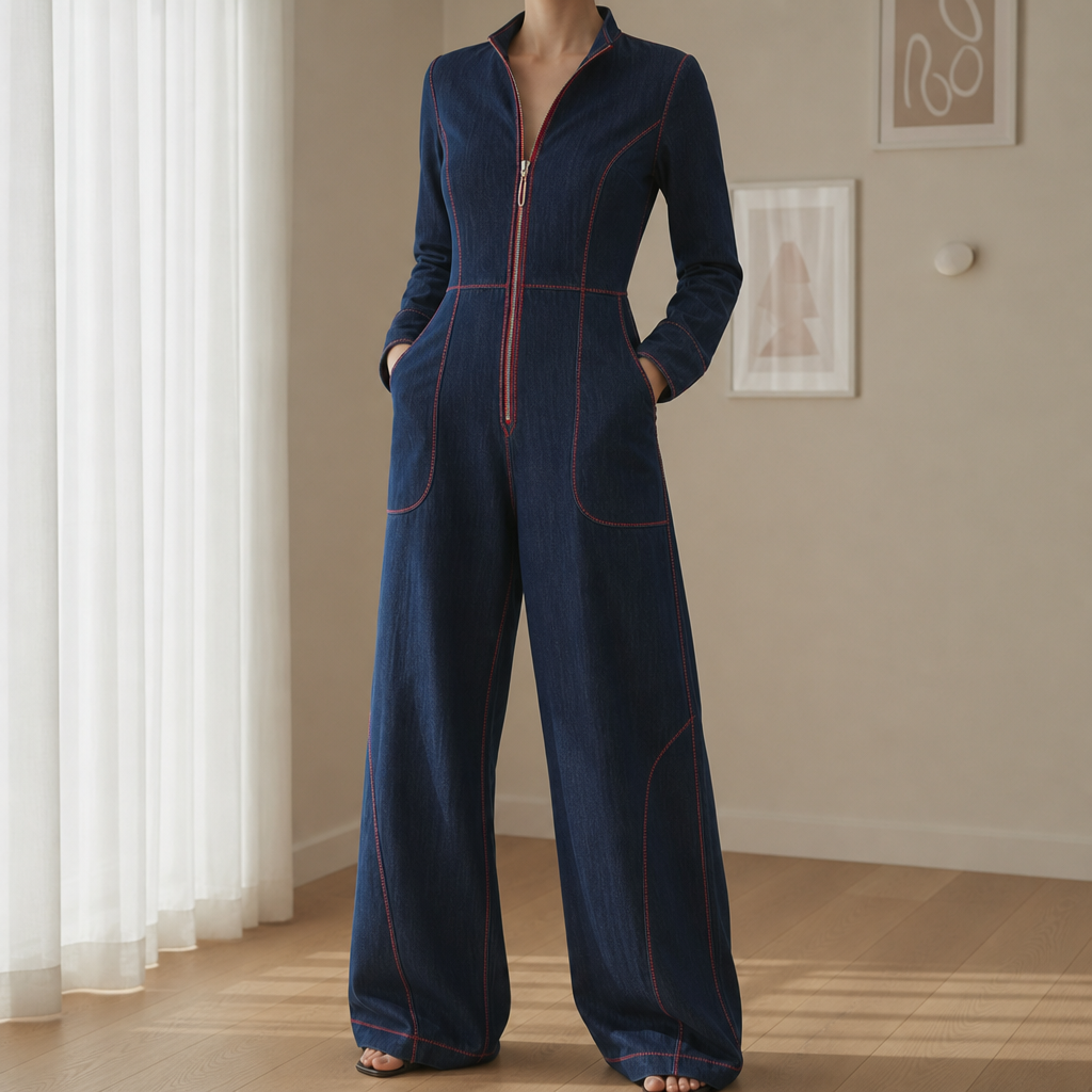 Methoni Front-Zip Wide Leg Jumpsuit in Dark Blue