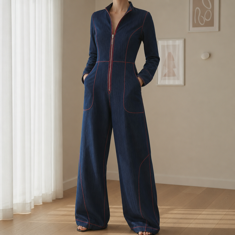 Methoni Front-Zip Wide Leg Jumpsuit in Dark Blue