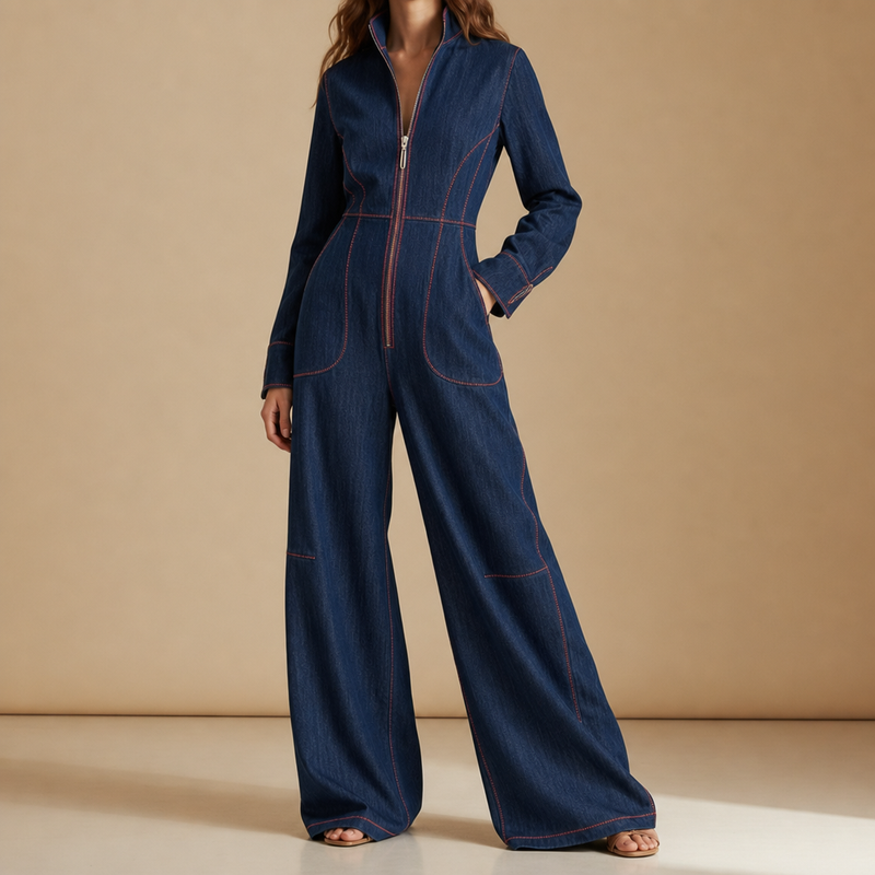 Amarante Front-Zip Wide Leg Jumpsuit in Dark Blue