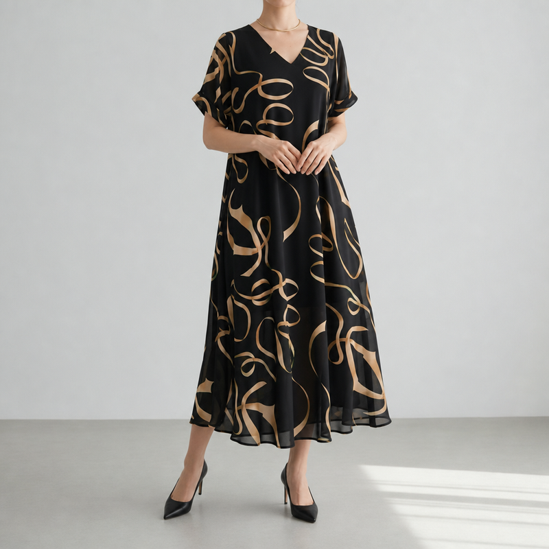 Ikaria Gold Print Chiffon Midi Dress in Default
