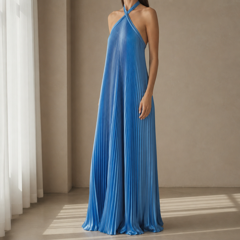 Arezzo Pleated Halter Maxi Dress in Blue