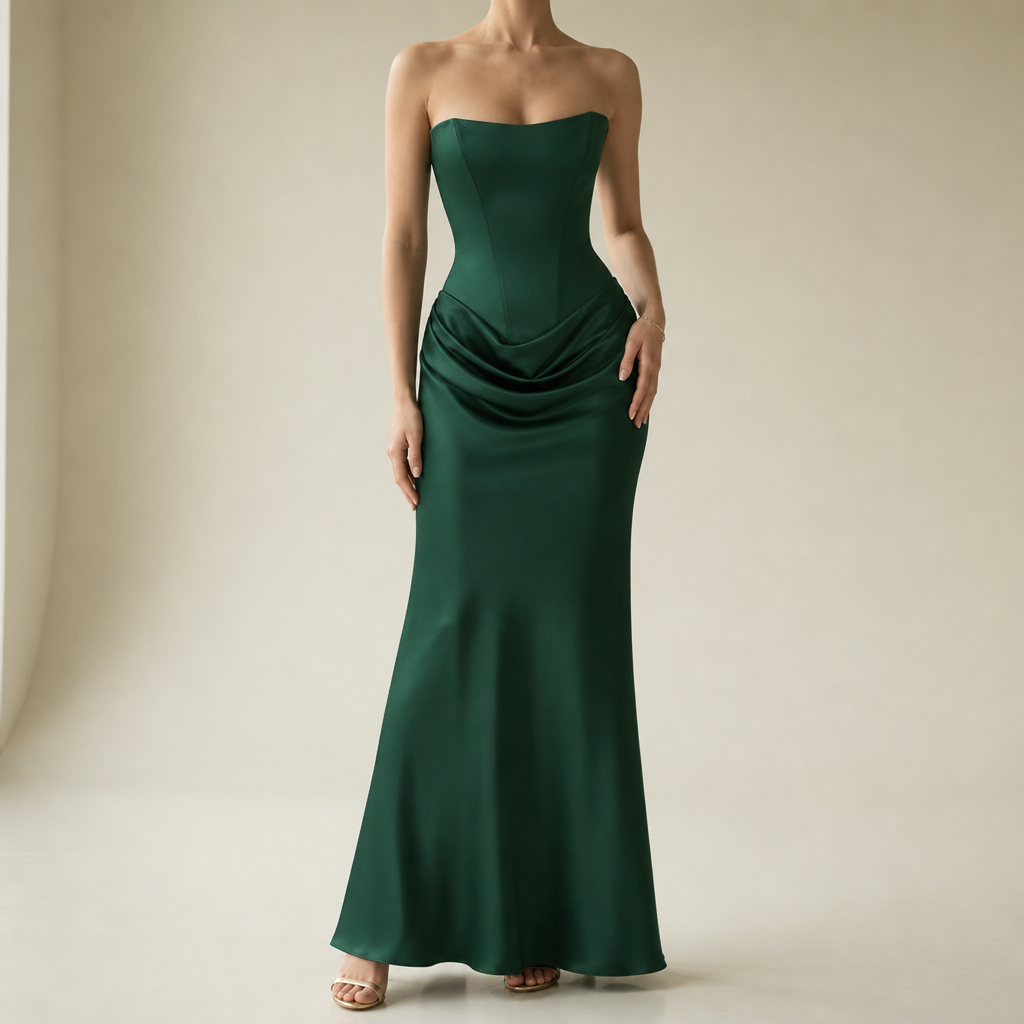 Kardamyli Corset Satin Maxi Dress in Emerald
