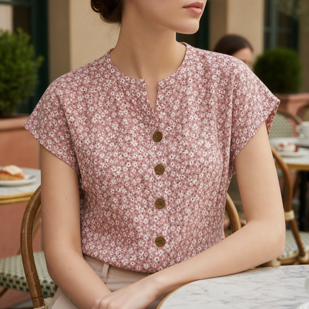Folegandros Floral Button Blouse in Floral Pink
