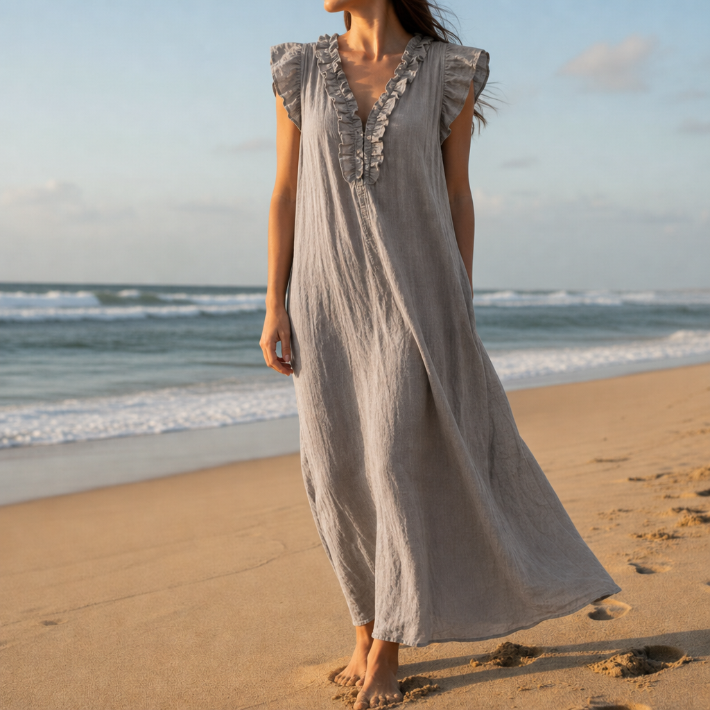 Folegandros Ruffle V-Neck Maxi Dress in Gray