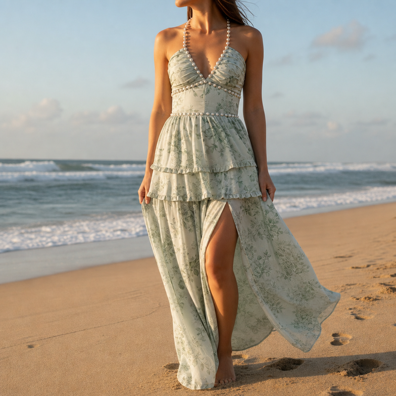 Rab Pearl Strap Floral Maxi Dress in Green