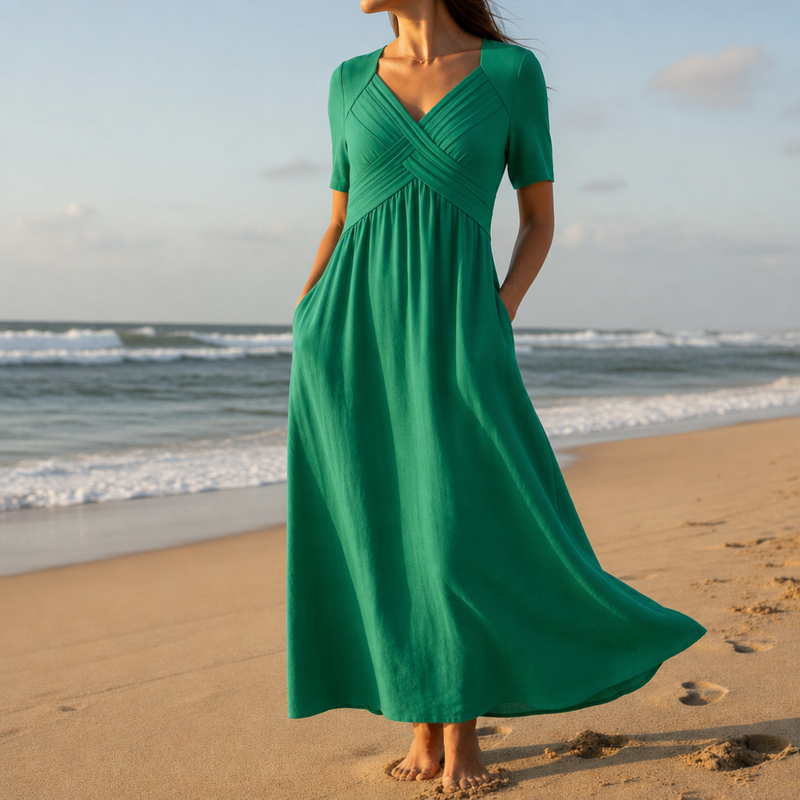 Tinos Crossfront A-Line Midi Dress in Green