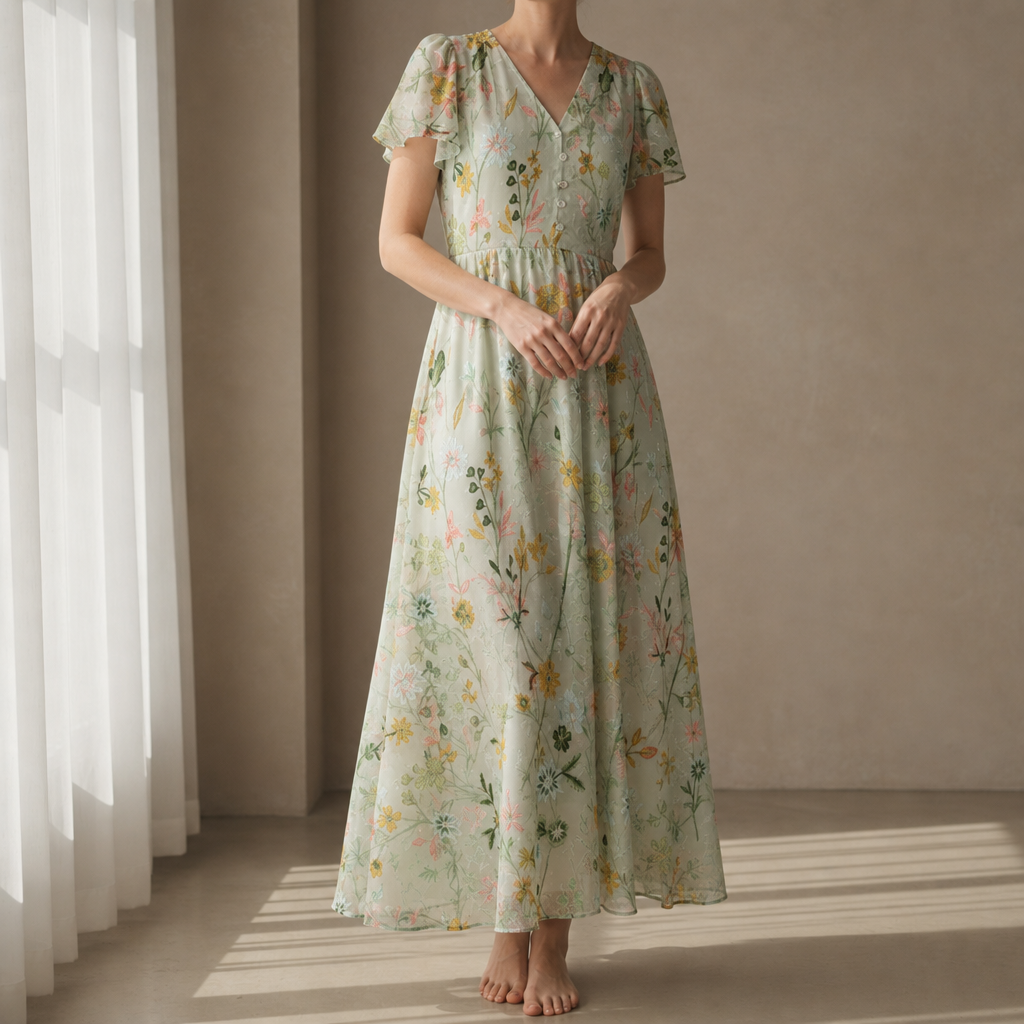 Santa Margherita Floral Flutter Sleeve Maxi in Green