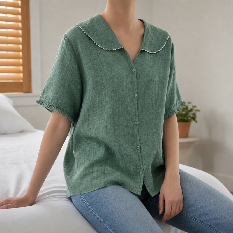 Deia Doll Collar Linen Blouse in Green
