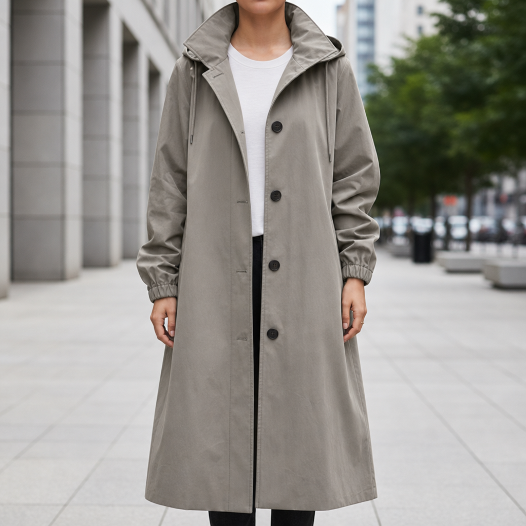 Kythnos Hooded Long Trench Coat in Gray