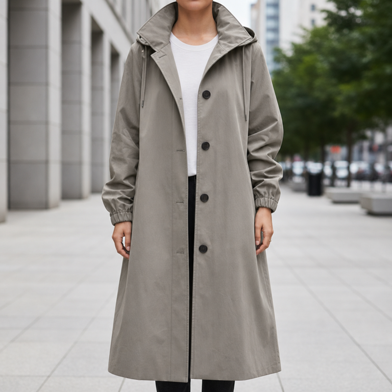 Kythnos Hooded Long Trench Coat in Gray